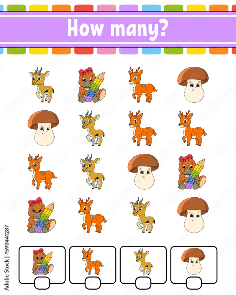 Fototapeta premium Counting game for children. Happy characters. Learning mathematics. How many object in the picture. Education worksheet. With space for answers. Vector illustration.