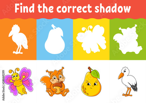Find the correct shadow. Education worksheet. Matching game for kids. Color activity page. Puzzle for children. cartoon character. Vector illustration.
