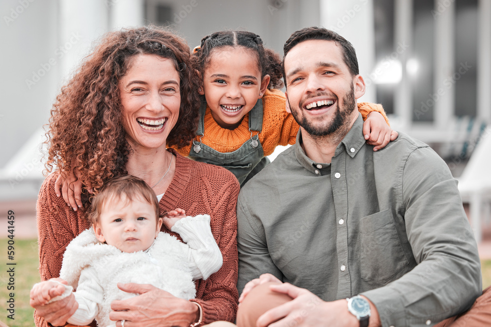New home, real estate and portrait of a happy family bonding outside a house feeling excited and happiness. Smile, love and mother relax with children, kids and father with care together New home, real estate and portrait of a happy family bonding outside a house feeling excited and happiness. Smile, love and mother relax with children, kids and father with care together