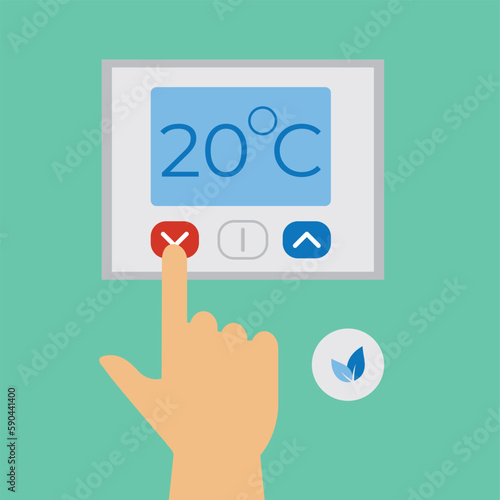Electronic thermostat with screen for floor heating. The person's hand presses the temperature and climate control button. isolated vector illustration