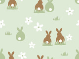 Seamless pattern of bunny rabbit cartoons and white flower on green grass background vector illustration. 