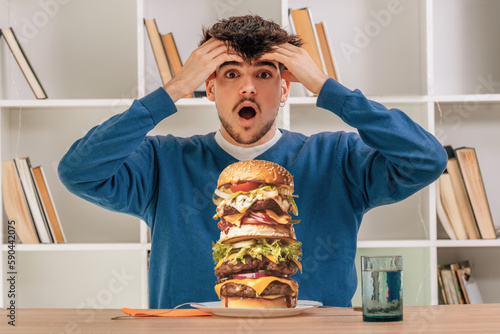 boy eating hamburger, fast food