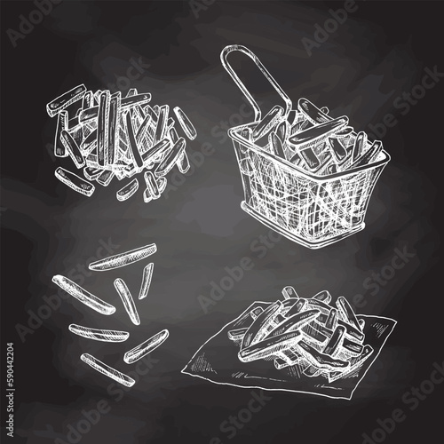 Potato french fries street fastfood menu hand drawn sketch isolated on chalkboard background. Vintage illustration. Element for the design of labels, packaging and postcards.