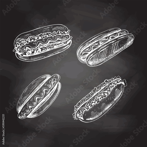 Hot dogs set. Hand-drawn sketch illustrations of hot dogs isolated on chalkboard background.  Vintage illustration. Element for the design of labels, packaging and postcards.