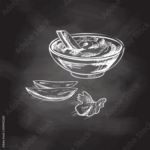 Hand-drawn sketch of french fries potato with tomato sauce isolated on chalkboard background. Fast food illustration. Vintage drawing. Element for the design of labels, packaging and postcards.