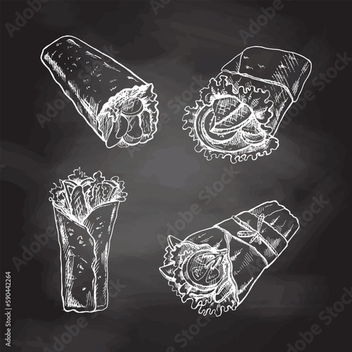 Burritos set. Hand drawn sketch vector illustrations of traditional mexican fast food  isolated on chalkboard background. Vintage illustration
