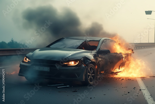 Car Accident on Highway with Fire and Smoke  Generative AI  