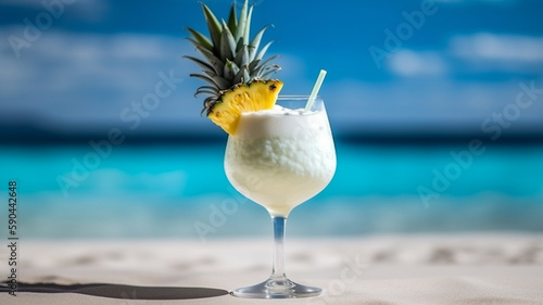 Pina colada alcoholic cocktail in highball glass on sandy beach. Generative AI