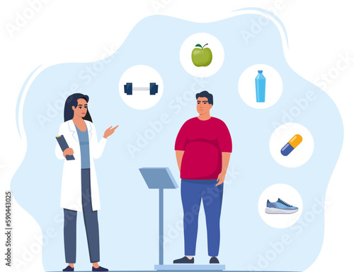 Fat man standing on weigh scales. Doctor explain about health and how to loose weight, Obese patient, fat control instruction, diabetes patient, control calories, sports. Vector illustration.