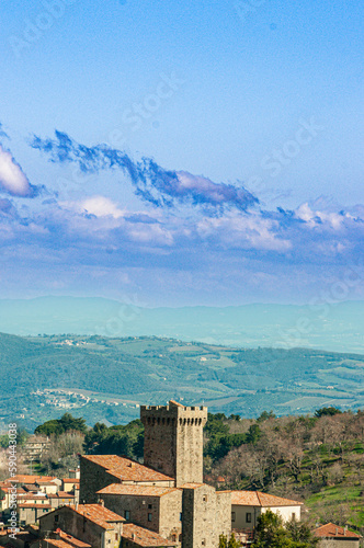 Front view, far distance of, the village of Arcidosso and fortress tower, in prominent view, 