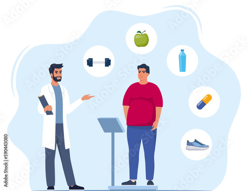 Fat man standing on weigh scales. Doctor explain about health and how to loose weight, Obese patient, fat control instruction, diabetes patient, control calories, sports. Vector illustration.