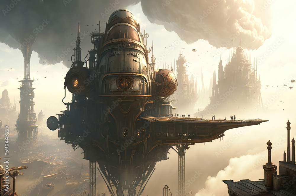 steampunk cityscape  of towering metal structures and stea
