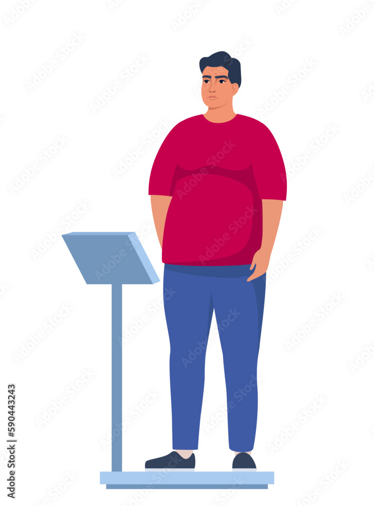 Fat obese man standing on weigh scales. Oversize fatty boy. Obesity weight control concept. Overweight male cartoon character full length. Vector illustration. Fat obese man standing on weigh scales. Oversize fatty boy. Obesity weight control concept. Overweight male cartoon character full length. Vector illustration.