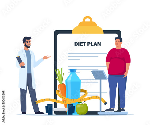 Fat man standing on weigh scales. Doctor explain about health and how to loose weight. Diet plan checklist. Healthy food and sports. Vector illustration.