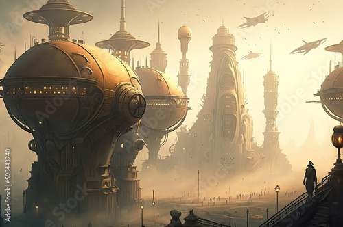 steampunk cityscape  of towering metal structures and stea photo