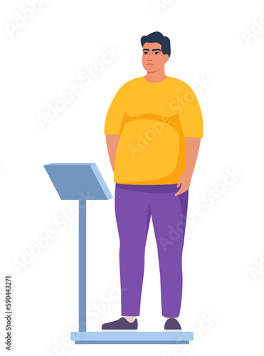 Fat obese man standing on weigh scales. Oversize fatty boy. Obesity weight control concept. Overweight male cartoon character full length. Vector illustration.