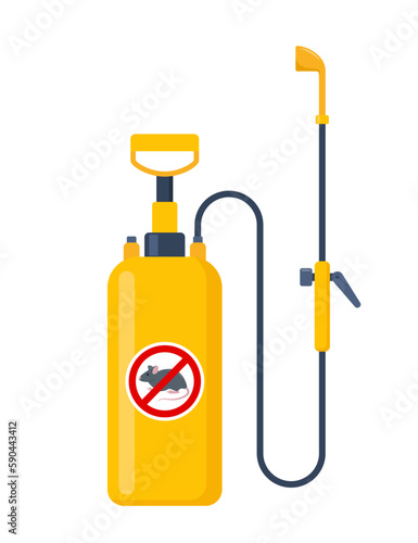 Yellow pressure sprayer of chemical insecticide, pest control and extermination service equipment. Protection from the rats. Vector Illustration.