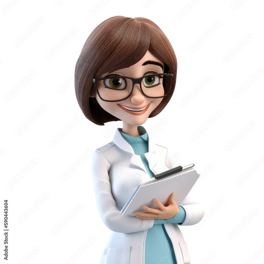 Young smiling woman doctor, medical specialist Medicine concept. Cute 3d icon people character illustration. Cartoon minimal style on isolated transparent background png. Generative ai