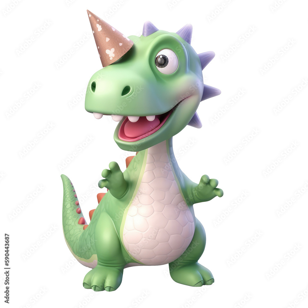 3d icon cute Dino Funny green Dinosaur with cap and balls happy Birthday party illustration in cartoon style on Isolated Transparent png background. Generative ai 3d icon cute Dino Funny green Dinosaur with cap and balls happy Birthday party illustration in cartoon style on Isolated Transparent png background. Generative ai