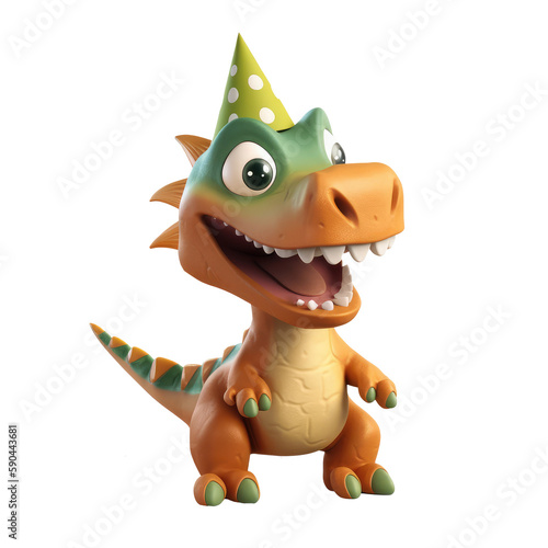 3d icon cute Dino Funny green Dinosaur with cap and balls happy Birthday party illustration in cartoon style on Isolated Transparent png background. Generative ai