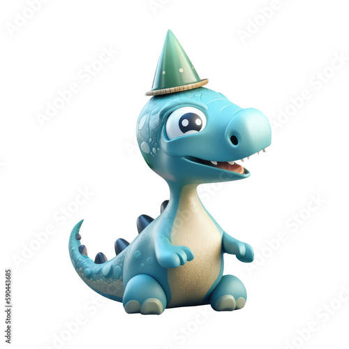 3d icon cute Dino Funny green Dinosaur with cap and balls happy Birthday party illustration in cartoon style on Isolated Transparent png background. Generative ai