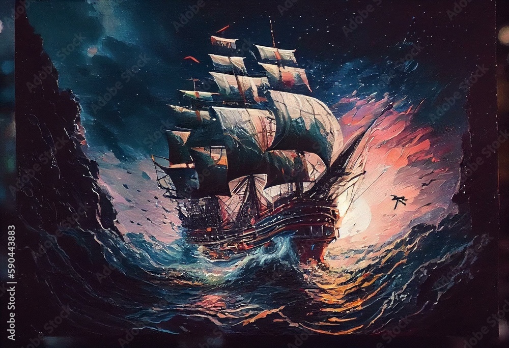 Original oil painting Flying an old pirate ship. Beautiful Sea ship is ...