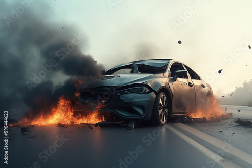New Car Accident on Highway with Fire and Smoke  Generative AI 