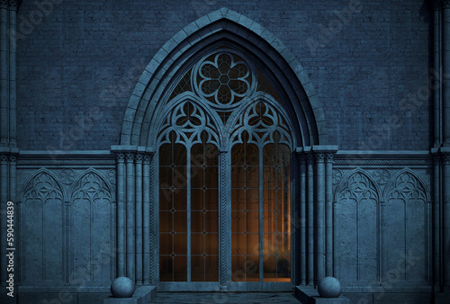 Fototapet Abandoned night castle with a large gothic window or crypt