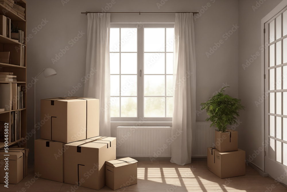 A stack of cardboard boxes in a room, a lot of objects at the window, interior. Generative AI. A stack of cardboard boxes in a room, a lot of objects at the window, interior. Generative AI.