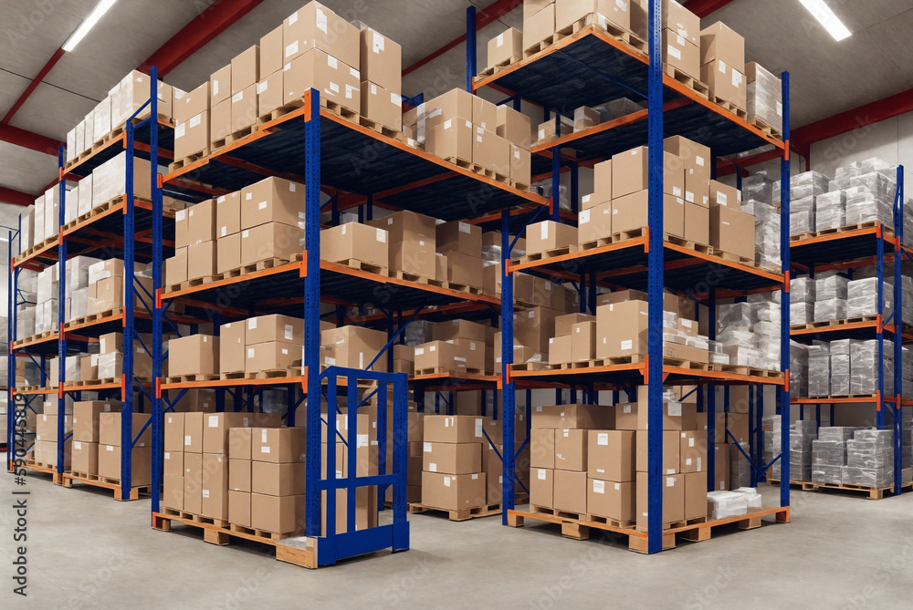 Industrial warehouse, shelving with boxes. Generative AI. Industrial warehouse, shelving with boxes. Generative AI.
