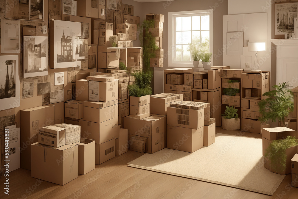 A lot of cardboard boxes in a room next to the furniture, a wall with lots of pictures, interior. Generative AI. A lot of cardboard boxes in a room next to the furniture, a wall with lots of pictures, interior. Generative AI.