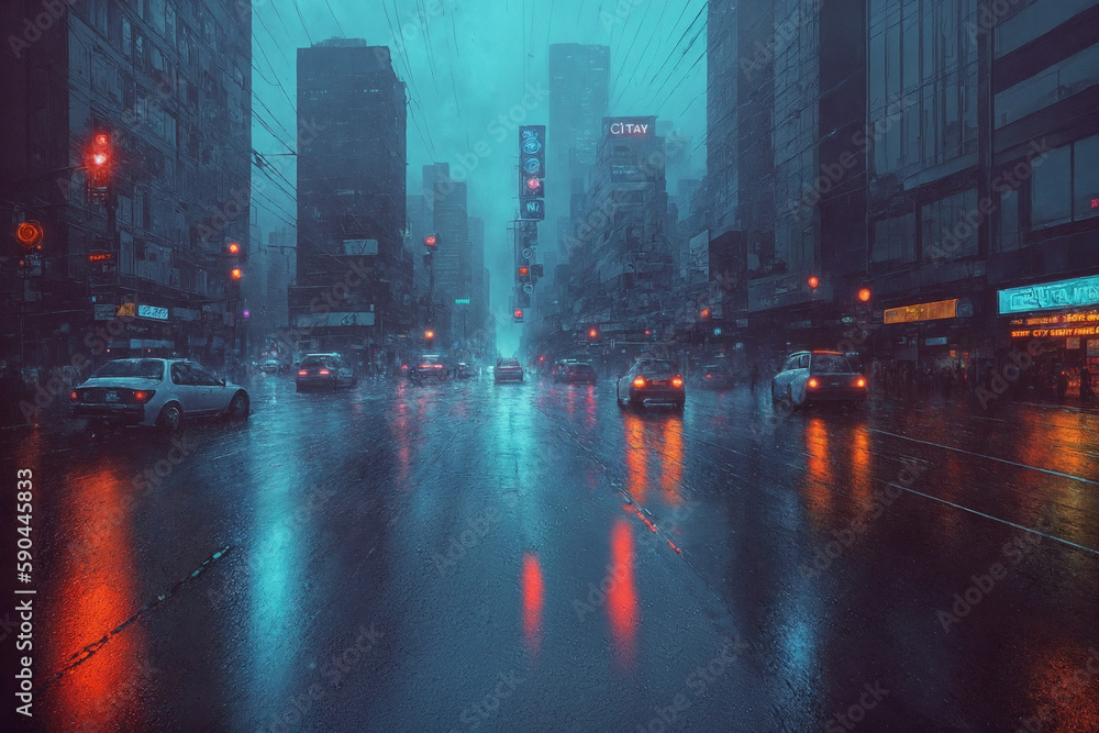 The street of the night city, a futuristic city in the rain, skyscrapers, cars and random people, in the fog. Generative AI.