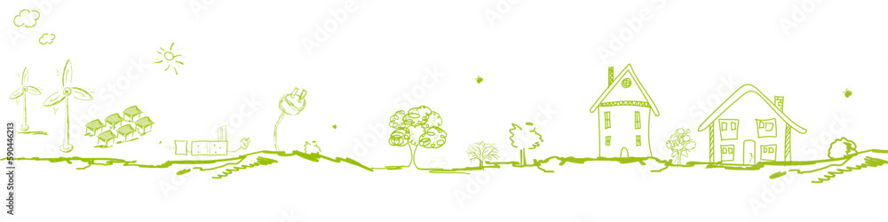 Energie Grün Landschaft Skizze Panorama Windrad Windenergie Solar Wasserstoff Energie Grün Landschaft Skizze Panorama Windrad Windenergie Solar Wasserstoff