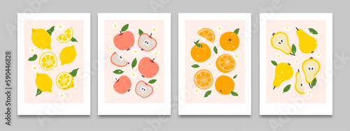 Abstract flat posters with fruit. Cartoon poster with tropical appetizing citrus, organic berry, fresh pear and apple, sweat peach on background. Vector set
