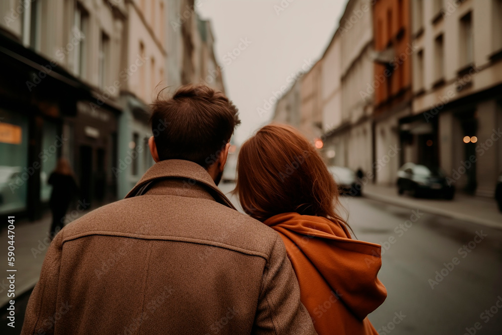 generative ai illustration of beloved couple from behind in big city generative ai illustration of beloved couple from behind in big city
