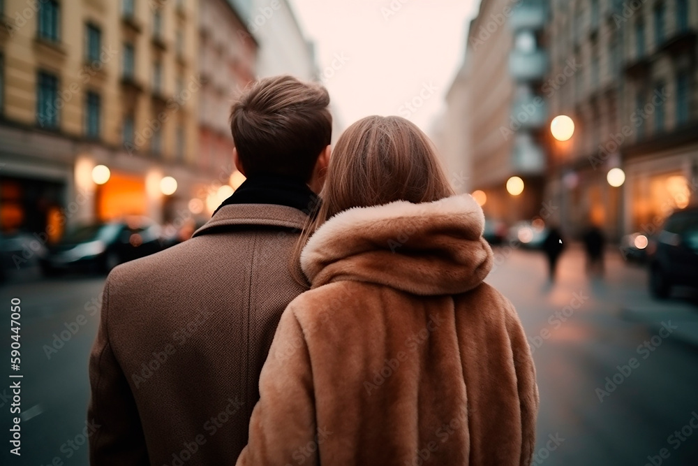 generative ai illustration of beloved couple from behind in big city generative ai illustration of beloved couple from behind in big city