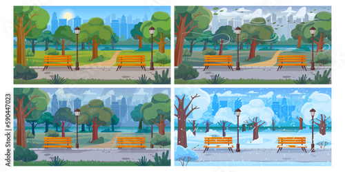 City park weather background. Urban climate sunny, rainy, windy and snowy day. Town alley cartoon vector illustration set