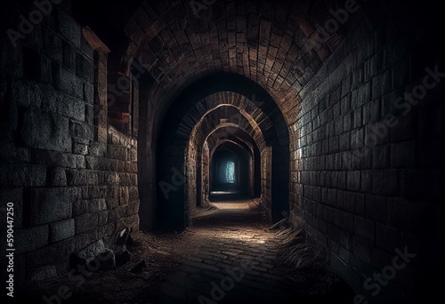 Murais de parede Dark medieval castle dungeon tunnel ,Dark underground corridor in a dungeon with light