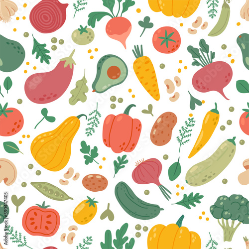 Natural vegetables seamless pattern. Organic vegetable background. Vegan and healthy garden products, organic tomato, fresh broccoli, salad. Vector texture