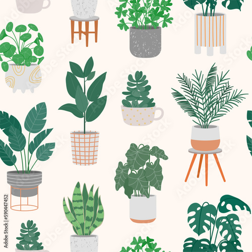 Decorative houseplants in pots seamless pattern. Green potted indoor plant and flower in interior texture. Home jungle cartoon style. Vector background