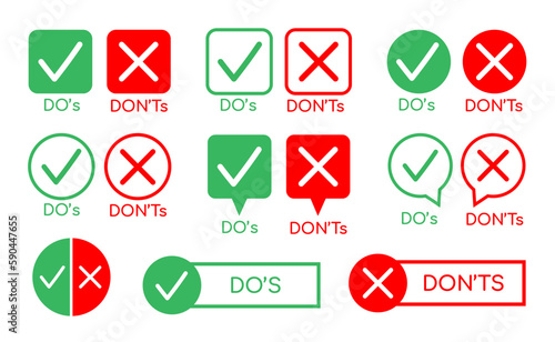 Fototapeta Naklejka Na Ścianę i Meble -  Speech bubble with Do or dont signs. Badges tick and cross icons, concept quiz mark, symbols for check list with negative or positive answer. Vector set