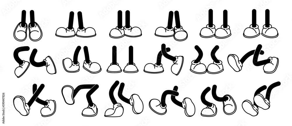 Cartoon legs in shoes. Comic retro feet in different poses, funny character mascot foot in boot, leg standing, walking, running, jumping. Vector set - obrazy, fototapety, plakaty 