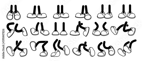 Cartoon legs in shoes. Comic retro feet in different poses, funny character mascot foot in boot, leg standing, walking, running, jumping. Vector set photo