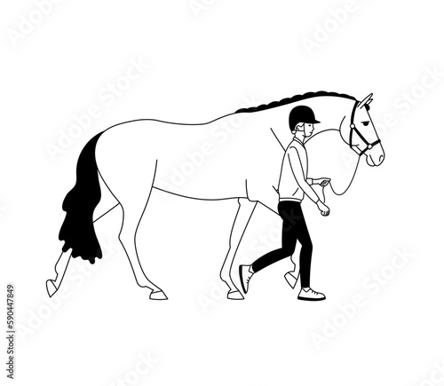 Groom exhibiting the horse, black and white vector illustration