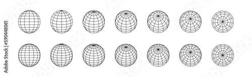 Globe grids. 3D spheres various position. Striped 3D balls, earth globe grid linear geometry vector orb symbol set
