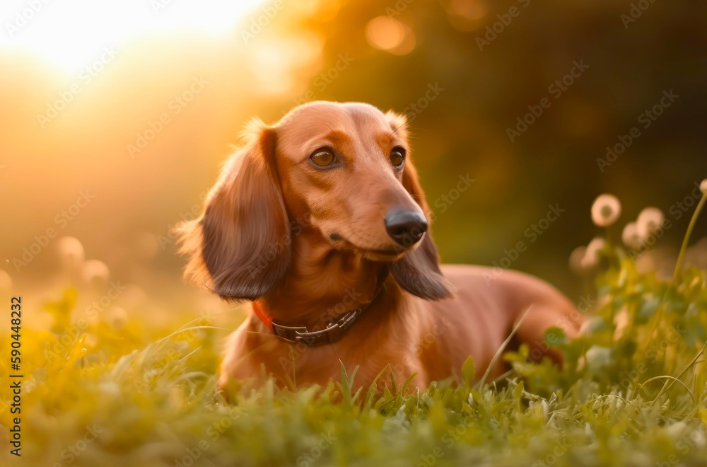 Cute dachshund dog is walking outdoor. Generative AI.