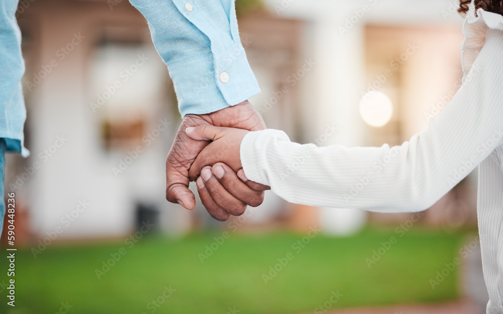 Fototapeta premium Holding hands closeup, parent and kid together in garden with dad love, care or support. Papa, family and child hand in outdoor solidarity, nature and trust with father and young person in affection