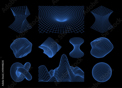 Wireframe shapes. 3d geometric mesh abstract elements. Cyberpunk futuristic line objects. Retro vaporwave synthwave vector set