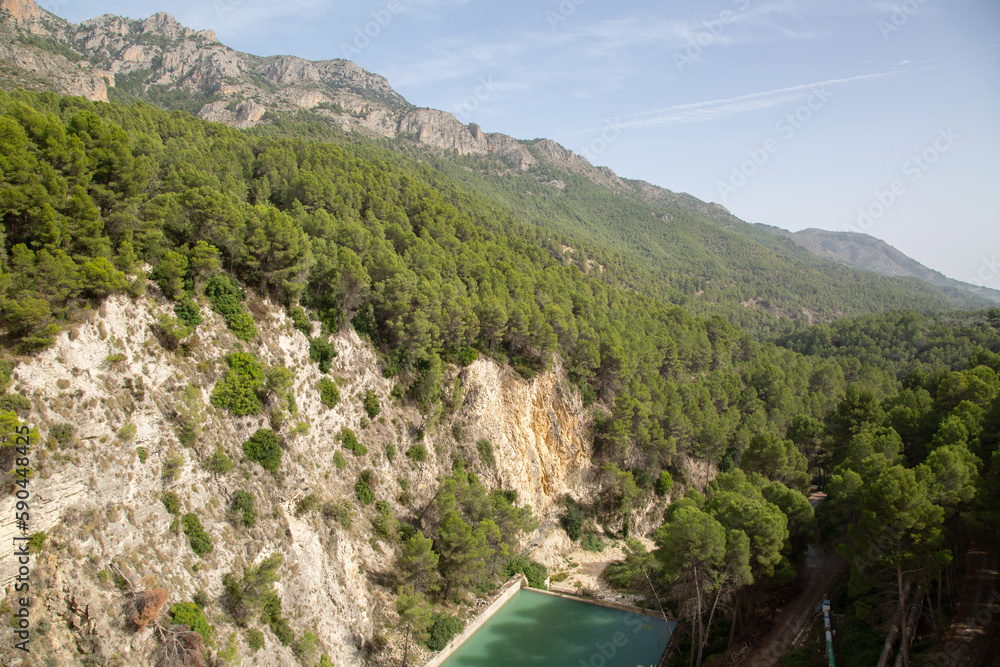 Peaks and Pine Tree and Dam in Aixorta Mountain Range; Guadalest; Alicante; Spain