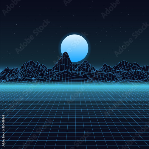 Grid mountain. Wire hills 80s video game line style, wireframe landscape futuristic wallpaper. Vector mountains with sun mesh structure panorama